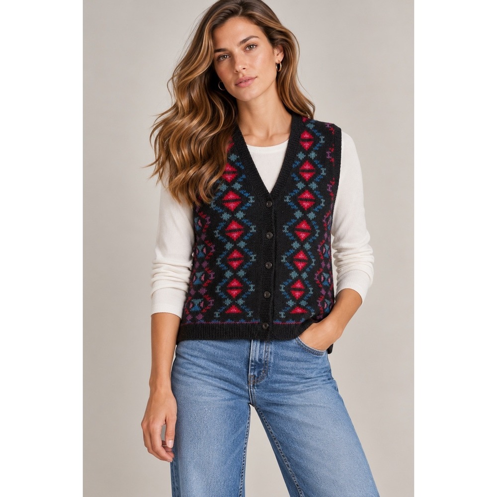 L.L. Bean Black Geometric 100% Wool Sweater Vest, Medium